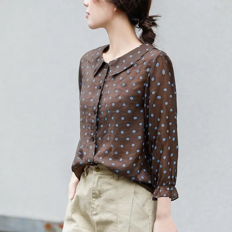 Women's Spring Autumn Style Blouse Shirt Women's Peter Pan Collar Button Polka Dots Elegant Loose Tops SP930